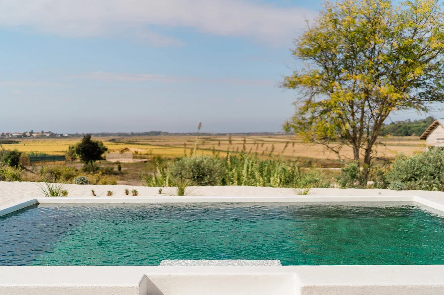 Piscina larga y horizonte abierto de arrozales en Quinta da Comporta